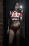 1girl black_hair breasts cellphone female female_only football_jersey highres latina legs long_hair looking_at viewer medium_breasts midriff mirror navel panties pink_lipstick red_panties reflection selfie smartphone smile solo thighs toned voluptuous