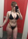 bikini brown_hair changing_room large_breasts mirror_selfie oiled oiled_breasts selfie thick_thighs