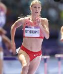 1girl 2024 athlete athletic athletic_female blonde_hair canadian canadian_athlete female female_only light-skinned_female olympics red_clothing running savannah_sutherland sfw solo solo_female stomach summer_olympics summer_olympics_2024 thighs track_and_field