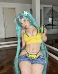 1girl bikini brazil brazilian_miku brazilian_miku_(cosplay) breasts cellphone cosplay fegalvao hatsune_miku jeans_shorts large_breasts long_hair panties selfie shorts smile solo sunglasses sunglasses_on_head very_long_hair yellow_bikini yellow_panties