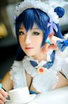asian blue_hair breasts cosplay eyeshadow female long_hair maid makeup solo