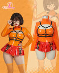 1girl black_hair bondage brown_hair cosplay glasses harness latex medium_hair miniskirt orange_panties orange_skirt panties scooby-doo short_hair skirt solo solo_focus velma_dinkley