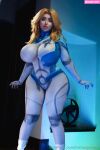 1girl big_breasts bishoujomom blonde_hair bodysuit cosplay cosplay_photo fantastic_four female female_focus female_only huge_breasts invisible_woman large_breasts marvel_rivals multicolored_clothes photo_(medium) solo thick_thighs white_bodysuit