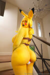 1girl animal_ears ass big_ass big_breasts bishoujomom body_paint bottomless breasts completely_nude cosplay female female_focus female_only female_solo long_hair looking_at viewer looking_back nude onlyfans pawg pikachu pokeball pokemon presenting_ass sideboob solo staircase stairs standing tattoo text thick topless watermark yellow_hair
