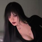 1girl asian asian_female black_hair brown_eyes cleavage clothed clothed_female lipstick lipstick_mark long_hair looking_at viewer non-nude red_eyes seductive_eyes