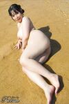 1girl asian asian_female ass beach black_hair breasts female female_only japanese japanese_female jav large_breasts laying laying_on ground laying_on side long_hair nipples nude on_ground sand solo straight_hair tied_hair yoshine_yuria