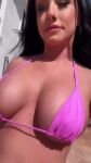 1girl bare_shoulders big_breasts bikini biting_lip black_hair bouncing_breasts bra breasts female female_focus female_only female_solo jennifer_white jiggle jiggling_breasts lipstick long_hair looking_at viewer makeup mature milf outside pornstar solo sound walking webm