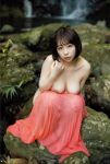 1girl asian asian_female bob_cut breasts brown_hair clothed female female_only japanese japanese_female jav medium_breasts nipples open_clothes photo river rocks shishido_riho short_hair sitting solo straight_hair water waterfall