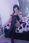 1girl black_hair cosplay cosplay_photo female female_focus female_only high_heel boots holding_phone ny4ncy photo_(medium) selfie sitting_on bed smartphone solo spy_x family thighs twitter_username yor_forger