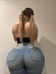 1girl ass bare_shoulders big_ass blonde_hair bootybyshel clothed dat_ass female female_only from_behind hourglass_figure huge_ass jeans non-nude pigtails sourced tight_fit voluptuous white_female