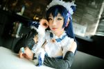 asian blue_hair breasts cosplay eyeshadow female long_hair maid makeup solo