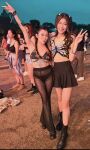 2girls armpit asian_female bikini boots festival midriff peace_sign rave sheer skirt tattoo
