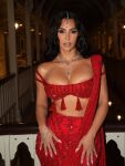 armenian big_breasts big_tits caucasian_female celebrity cleavage forehead_jewel indian indian_style jewelry kim_kardashian necklace red_dress saree white_female