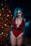 1girl belt blue_hair braided_twintails braids breasts christmas christmas_outfit christmas_tree clothed cosplay cowboy_shot elbow_gloves evil_grin eyeshadow female female_only front_view gloves hair_over one eye huge_breasts jinx_(league of legends) kalinka_fox large_breasts league_of legends lipstick long_hair looking_at viewer makeup red_lipstick smile solo standing tattoo tattoo_on thigh thick_thighs twintails very_long hair waist_belt wig