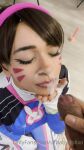 1boy 1girl bodysuit closed_eyes clothed clothed_female cosplay cum cum_on_face cute_face d.va foreskin headband lelasohnabaka makeup overwatch penis tagme urbabydollxo