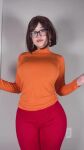 1girl black_hair breasts earrings female_pervert glasses handjob handjob_gesture large_breasts pervert pervert_female scooby-doo short_hair smile solo tagme v velma_dinkley velma_dinkley_(cosplay) webm