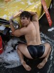 1boy ass ass_focus back barefoot car feet hglifting looking_at viewer male male_only soap soles solo_male underwear wet wet_hair white_male