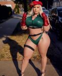 1girl bbw beret big_breasts blonde_hair breasts cammy_white caucasian chubby clothed cosplay curvy elbow_gloves enhanced eyelashes female female_only full_lips high_heels instagram legs long_hair looking_at_viewer milf mz_dani necklace non-nude outdoors pornstar posing red_gloves revealing_clothes solo sourced standing stomach street_fighter tattoo thick thick_thighs thigh_strap wide_hips