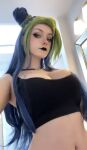 1girl ameliimoo breasts cleavage cosplay dyed_hair female female_only jojo's_bizarre adventure jolyne_cujo large_breasts looking_at viewer midriff navel selfie solo