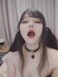 1boy ahegao asian bedroom black_hair chinese collar femboy feminine lipstick long_hair looking_at viewer looking_up makeup male male_focus male_only male_solo open_mouth pigtails sitting solo sound tongue_out trap webm wuuuuuucy