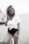 1girl 2018 beach black_and_white black_panties blonde_hair dutch female female_only fhm fhm_nederland hand_on_thigh photoshoot sfw smile solo solo_female standing sylvana_ijselmuiden thighs top white_top