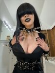 1girl bathroom big_breasts black_hair bra bracelet breasts cleavage collar fake_nails fansly female female_focus female_only female_solo goth hair_covering eyes lipstick long_hair looking_at viewer makeup smile smiling solo spikes standing susu_jpg swimsuit_succubus text watermark