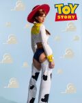 brown_eyes brown_hair cosplay cowboy_hat cowgirl jean_shorts jessie_(toy story) kendall_jenner shirt