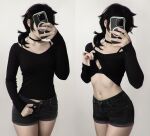 1girl ashley_graves black_clothes black_hair choker cleavage cosplay female female_only image phone phone_in_front_of_face picture ponytail posing saruei selfie shirt_lift solo stomach the_coffin_of_andy_and_leyley thighs_together white_background white_female