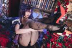 1girl asian ass cosplay dress female fishnets genshin_impact high_heels konkon6927 legs_up mona_(genshin_impact) pantyhose purple_hair taiwanese