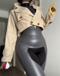 1girl ako_tyou ass bodysuit coat cosplay emma_(pokemon female latex pokemon thick thick_thighs thighs tight_clothes tummy
