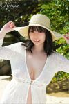 1girl asian asian_female black_hair breasts female female_only japanese japanese_female jav lace lace_clothing large_breasts long_hair nipples nipples_visible through clothing robe see-through see-through_clothing solo straight_hair straw_hat yoshine_yuria