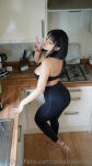 1girl areola_slip areolae big_ass black_hair clothed clothed_female cute face feet high_heels kitchen legs lelasohnabaka medium_breasts medium_hair painted_toenails peace_sign tagme thick_thighs thighs transparent_heels tube_top urbabydollxo yoga_pants