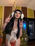bailey_jay breasts bulge cleavage earmuffs garter_straps lingerie looking_at viewer nail_polish partially_clothed peace_sign pornstar pubic_hair pursed_lips solo tattoo thong transgender watermark white