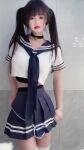 1girl asian asian_female big_breasts biting_lip black_hair choker clothed dancing female female_only looking_at viewer midriff non-nude petite red_lipstick school_uniform schoolgirl solo stockings tagme thighhighs video video_with sound webm