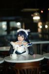 asian blue_hair breasts cosplay eyeshadow female long_hair maid makeup solo