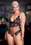 1girl australian bbw big_breasts bodysuit bracelet breasts caucasian cleavage curvy earrings eyelashes female female_only indoors lace legs lingerie lipstick milf model non-nude parted_lips posing presenting smile solo sourced standing stefania_ferrario thick thick_thighs white_hair wide_hips