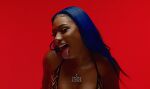 1girl animated bare_shoulders bikini_top black blue_hair breasts celebrity cleavage clothed female female_only looking_at_viewer megan_thee_stallion non-nude open_mouth simple_background solo tongue