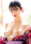 1girl asian asian_female black_hair bra breasts clothed female female_only hair_ornament japanese japanese_female jav kimono lace lace_bra large_breasts medium_hair nipples open_bra open_clothes open_kimono photo seto_kanna solo straight_hair tied_hair