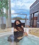 1girl bare_shoulders brown_hair dress facemask female onigiri pool thighs virtual_youtuber vtuber water wet