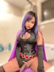 asian bbyyukki bed bedroom big_penis bottomless breasts cape cleavage cosplay dc dc_comics erection feminine goth highlights lipstick long_hair looking_at viewer makeup nose_piercing nose_ring on_bed penis piercing purple_hair raven septum_piercing sitting solo spread_legs teen_titans testicles transgender trap