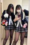 2girls cleavage japanese japanese_(nationality) japanese_female large_breasts pantyhose school_uniform selfie short_skirt