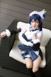 asian blue_hair breasts cosplay eyeshadow female long_hair maid makeup solo
