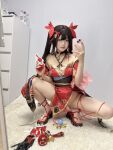 1girl asian black_hair cosplay feet honkai:_star rail honkai_(series) korean mongja sandals selfie solo sparkle_(honkai: star rail) spread_legs squatting twintails twitter