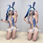 1girl asian blue_hair bunny_ears bunny_girl cosplay green_hair kneeling korean leotard mongja selfie shorekeeper_(wuthering waves) solo split_screen twitter wuthering_waves