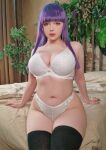 1girl bed bra cleavage cosplay fern_(frieren) large_breasts lingerie looking_at_viewer on_bed panties purple_hair russian sitting sitting_on_bed solo sousou_no_frieren stockings thighhigh thighs yoshinobi yoshinobi_cos
