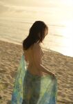 1girl asian asian_female ass beach black_hair breasts female female_only japanese japanese_female jav long_hair nipples nude photo robe sand sea sideboob small_breasts solo straight_hair water yoshitaka_nene