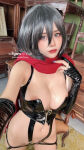 1girl asian asian_female big_breasts breasts byoru cosplay dark_hair female front_view mikasa_ackerman solo white_female