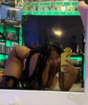 1girl all_fours ass bedras black black_female black_hair breasts clothed clothed_female dark-skinned_female dark_skin female female_focus female_only female_solo huge_breasts long_hair looking_at_viewer solo solo_female solo_focus streamer twitch_streamer