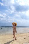 1girl asian asian_female beach black_hair breasts female female_only japanese japanese_female jav koibuchi_momona large_breasts long_hair nipples nude photo pubic_hair sand sandals sea shoes solo straight_hair straw_hat thick