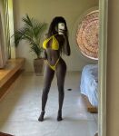 1girl barefoot big_breasts bikini black_hair breasts busty cellphone cleavage dark-skinned_female dark_skin feet female female_only highres large_breasts legs mirror name_request navel selfie sideboob sitting smartphone solo thighs thong_bikini toned voluptuous yellow_bikini